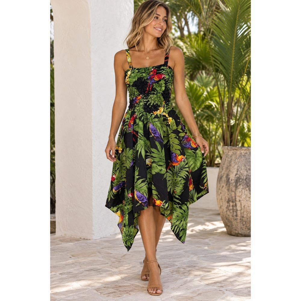 Rima Beachworld Dress Womens OS Tropical Parrot Print Smocked High Low Hem